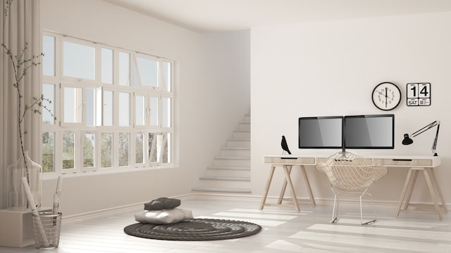 Interior. Desk with two monitors Interior. Desk with two monitors